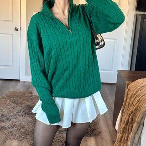Cable Knit Cotton Quarter Zip Sweater Knit Green Pullover Quiet Luxury Preppy L